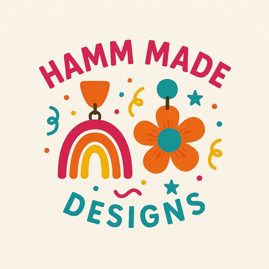 HammMade Designs logo with rainbow and flower earrings